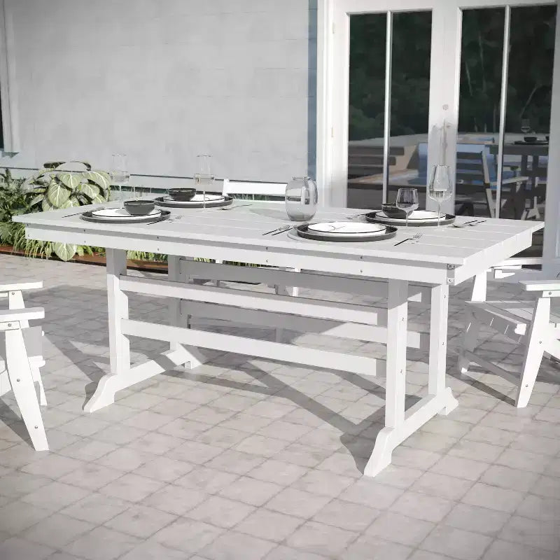 Ensemble de salle à manger Adirondack 7 pièces Emma et Oliver avec table rectangulaire d'intérieur/extérieur de 183 cm en PEHD recyclé et 6 chaises avec porte-gobelets