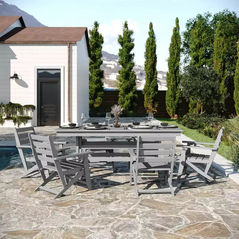 Flash Furniture Tolleson Ensemble repas Adirondack commercial 7 pièces avec table rectangulaire intérieure/extérieure en HDPE recyclé de 72 et 6 chaises avec porte-gobelets