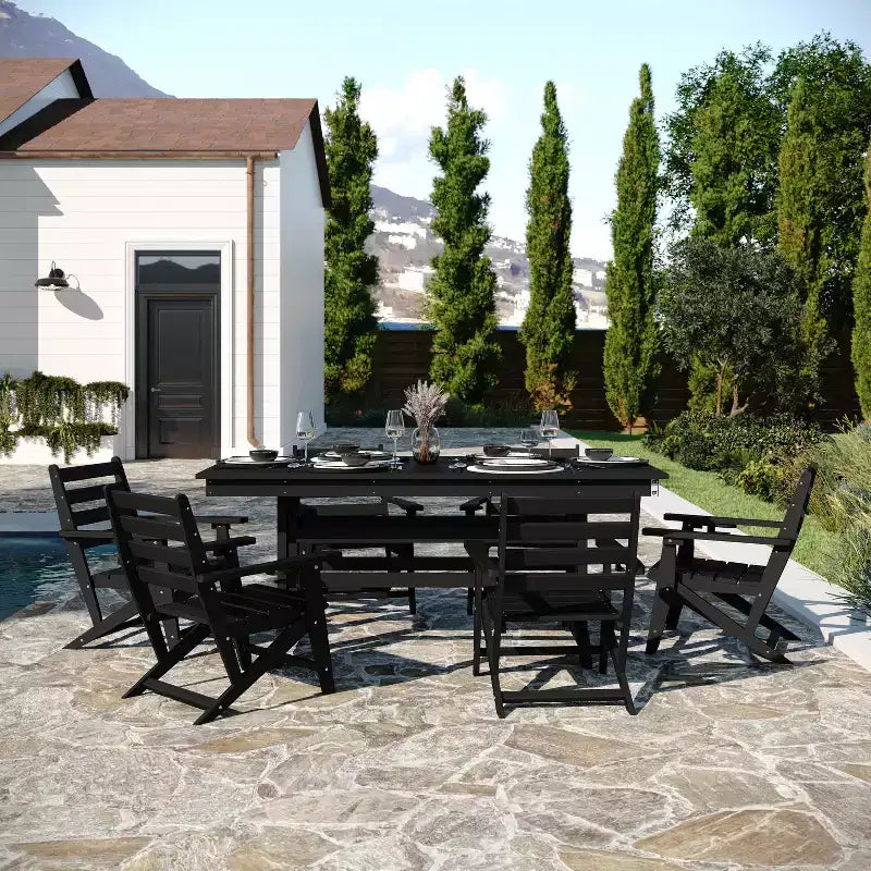 Flash Furniture Tolleson Ensemble repas Adirondack commercial 7 pièces avec table rectangulaire intérieure/extérieure en HDPE recyclé de 72 et 6 chaises avec porte-gobelets