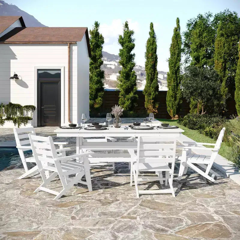 Flash Furniture Tolleson Ensemble repas Adirondack commercial 7 pièces avec table rectangulaire intérieure/extérieure en HDPE recyclé de 72 et 6 chaises avec porte-gobelets