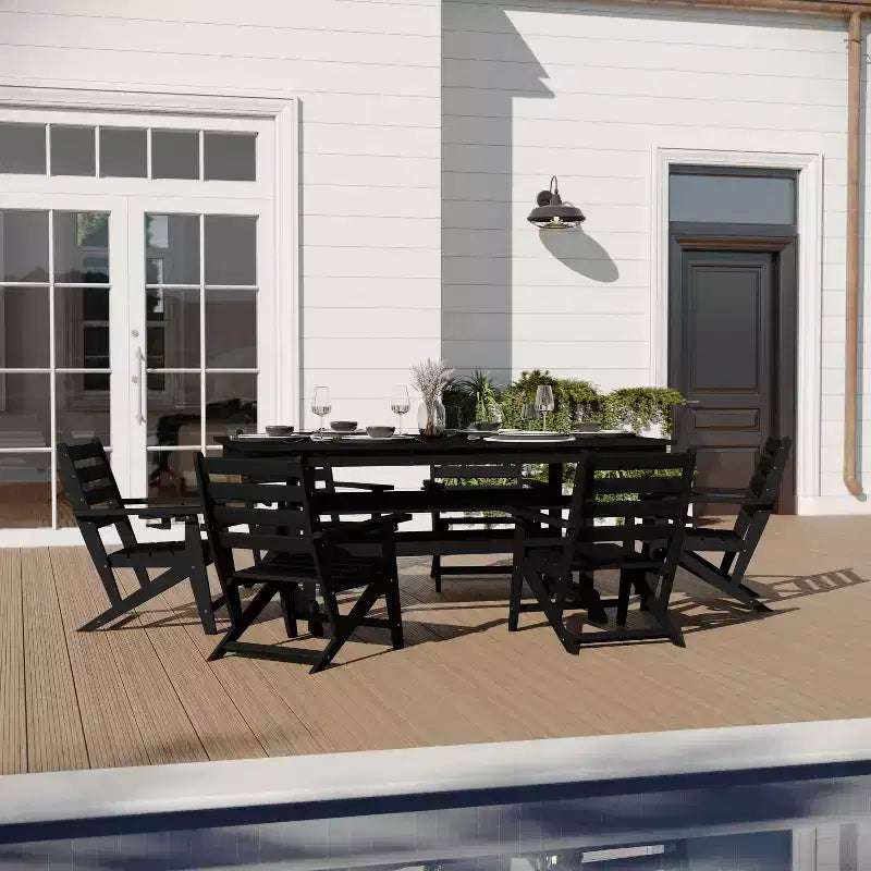 Merrick Lane 7 PC Adirondack Table and Chairs with Fold Out Cupholders in Recycled HDPE