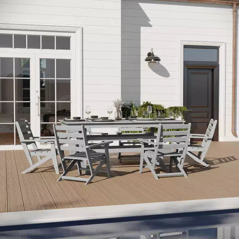 Merrick Lane 7 PC Adirondack Table and Chairs with Fold Out Cupholders in Recycled HDPE