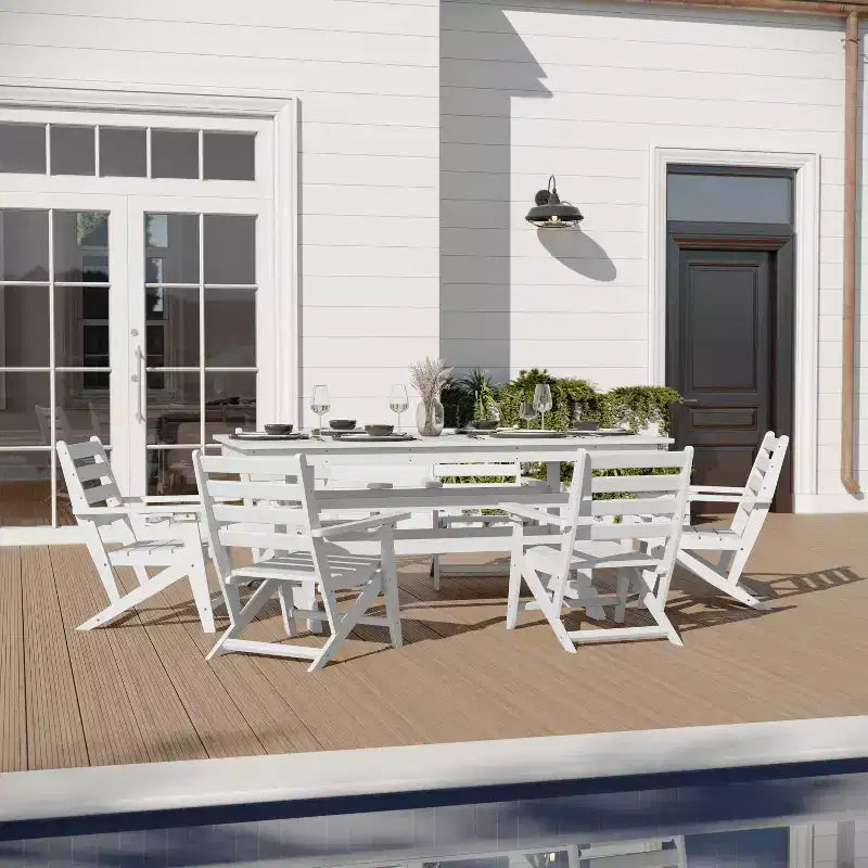Merrick Lane 7 PC Adirondack Table and Chairs with Fold Out Cupholders in Recycled HDPE