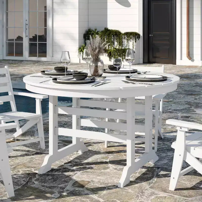 Flash Furniture Tolleson Commercial 5 Piece Adirondack Dining Set with 48 Round Indoor/Outdoor Recycled HDPE Table and 4 Chairs with Cupholders