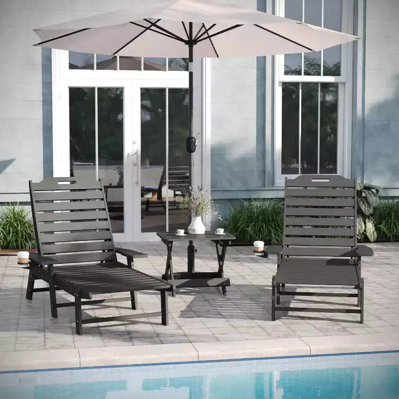 Emma and Oliver 3-Piece Indoor/Outdoor Set with 2 Poly Resin Adjustable Adirondack Loungers with Swivel Cup Holders and Folding Side Table