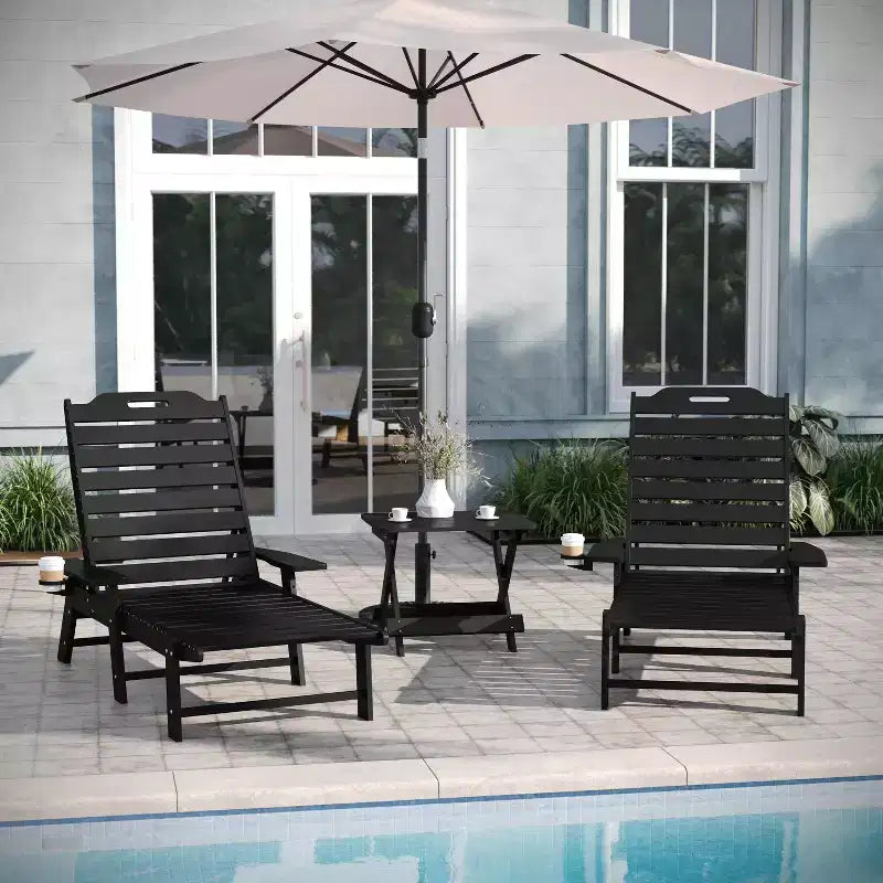 Emma and Oliver 3-Piece Indoor/Outdoor Set with 2 Poly Resin Adjustable Adirondack Loungers with Swivel Cup Holders and Folding Side Table