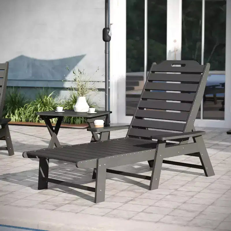 Emma and Oliver 3-Piece Indoor/Outdoor Set with 2 Poly Resin Adjustable Adirondack Loungers with Swivel Cup Holders and Folding Side Table