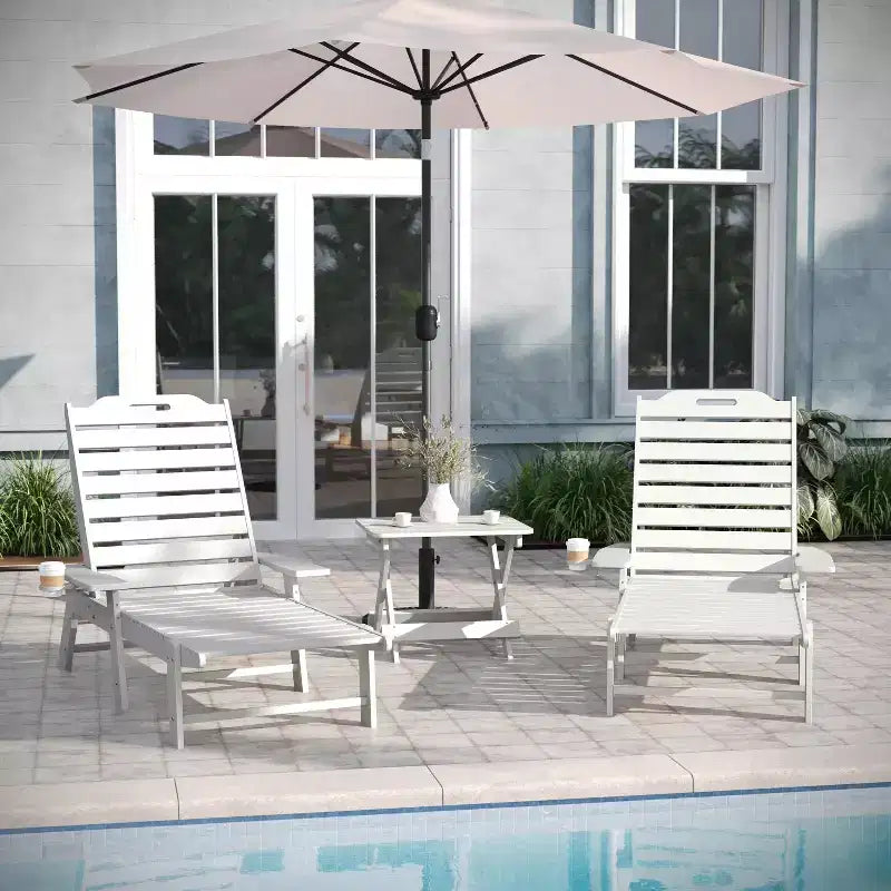 Emma and Oliver 3-Piece Indoor/Outdoor Set with 2 Poly Resin Adjustable Adirondack Loungers with Swivel Cup Holders and Folding Side Table