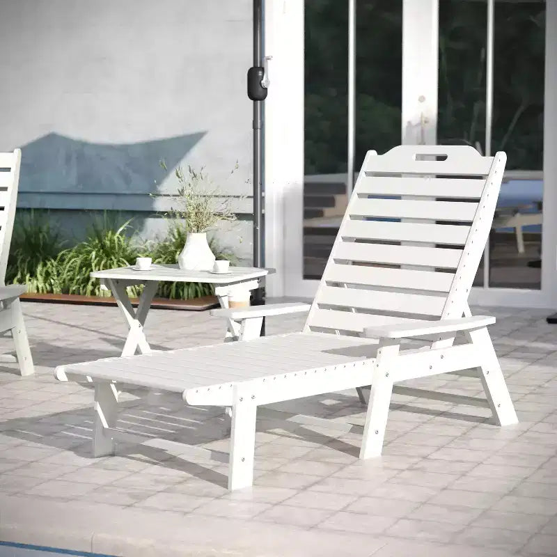 Emma and Oliver 3-Piece Indoor/Outdoor Set with 2 Poly Resin Adjustable Adirondack Loungers with Swivel Cup Holders and Folding Side Table