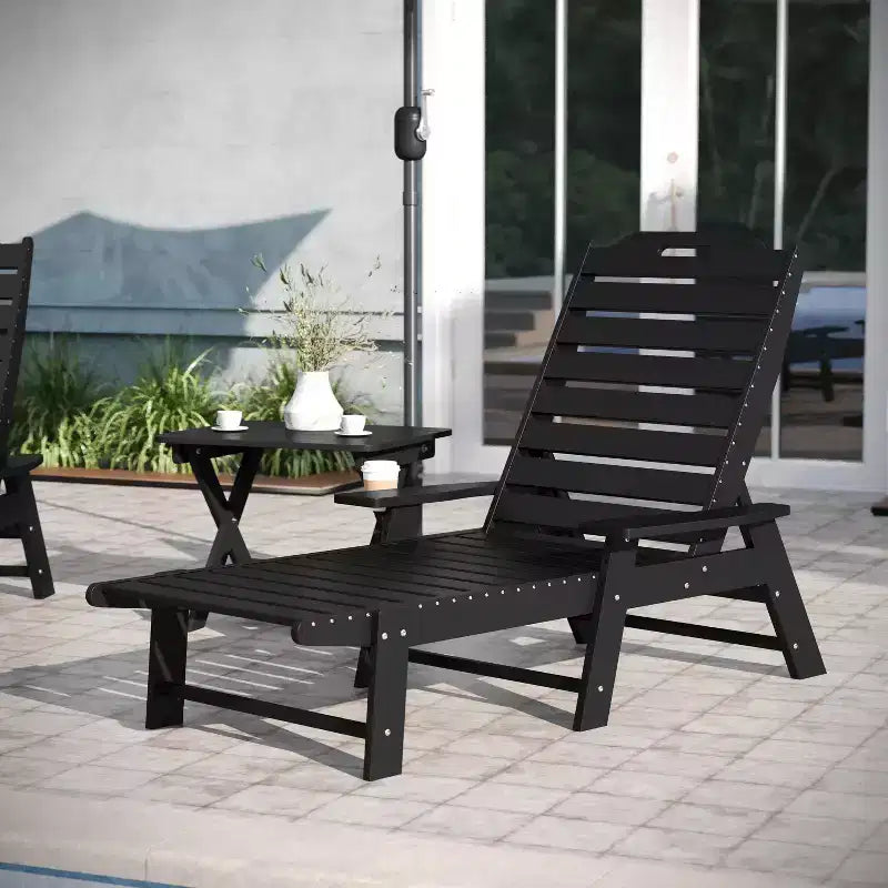 Emma and Oliver 3-Piece Indoor/Outdoor Set with 2 Poly Resin Adjustable Adirondack Loungers with Swivel Cup Holders and Folding Side Table