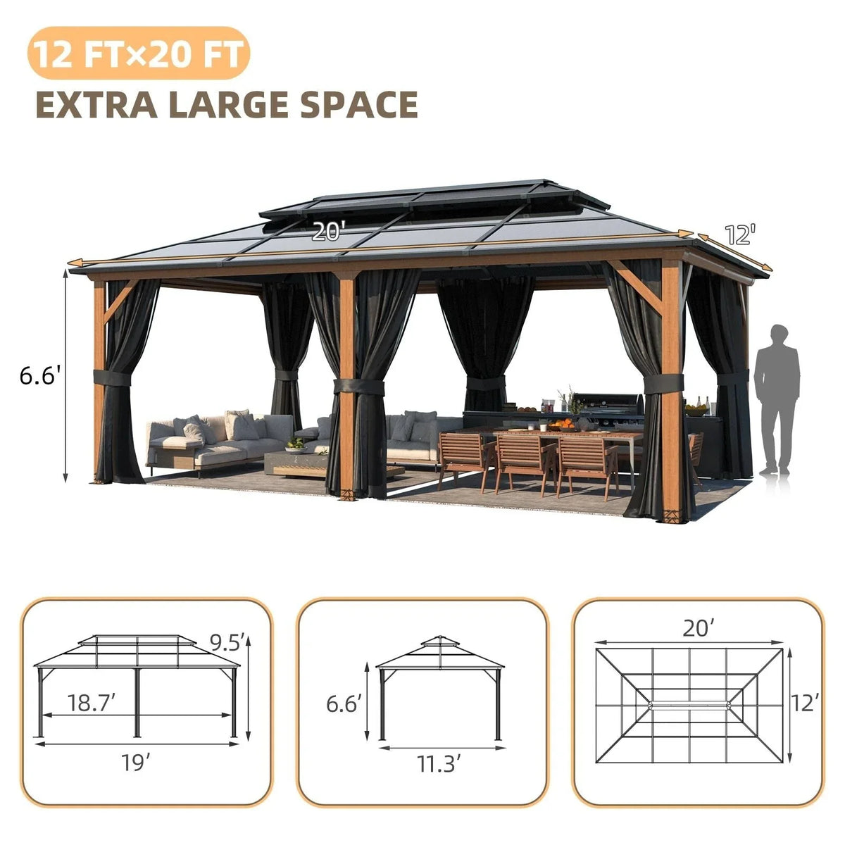 EROMMY Hardtop Gazebo,Outdoor Pergola with Double Roof & Netting & Curtains,Heavy Duty Canopy for Patio, Backyard, Pool party