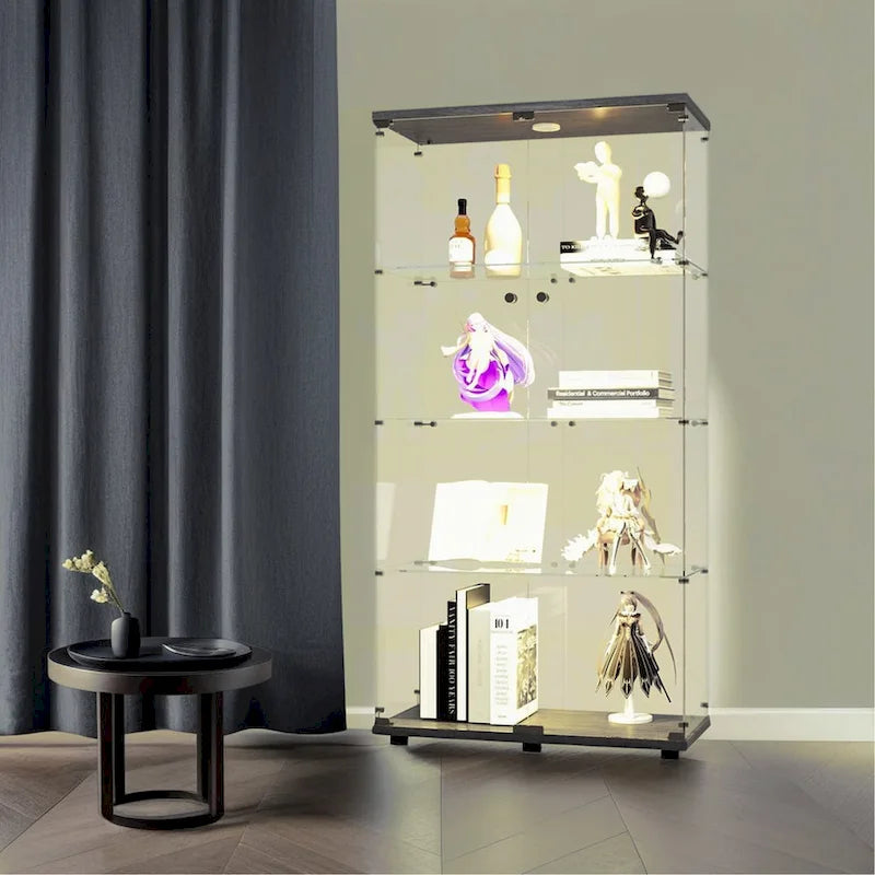 Lighted Two Door Glass Cabinet Glass Display Cabinet with 4 Shelves, Black