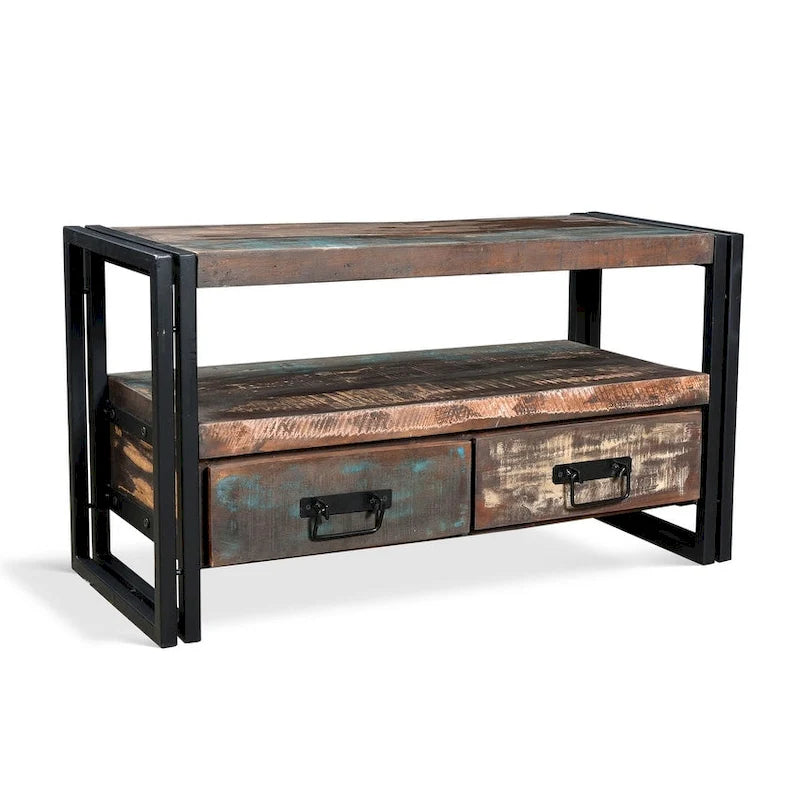Handmade Old Reclaimed Wood TV Cabinet with Double Drawers (India) - 41 x 15.75 x 23.5
