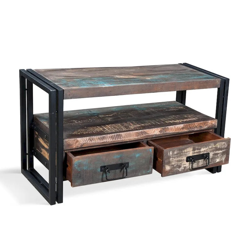 Handmade Old Reclaimed Wood TV Cabinet with Double Drawers (India) - 41 x 15.75 x 23.5