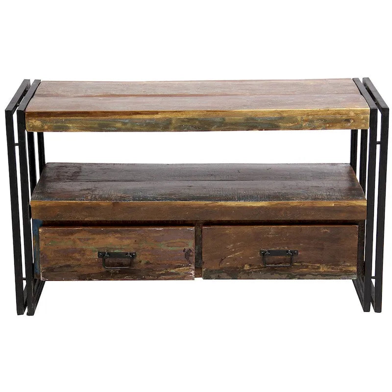 Handmade Old Reclaimed Wood TV Cabinet with Double Drawers (India) - 41 x 15.75 x 23.5