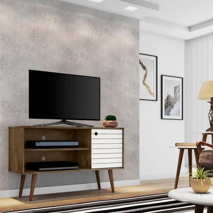 Meuble TV Liberty à 2 étagères, style moderne du milieu du siècle