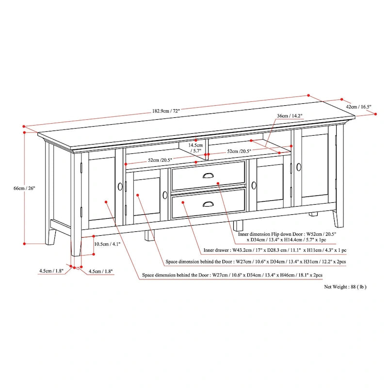 Meuble TV-média de transition WYNDENHALL Mansfield en BOIS MASSIF de 72 pouces de large pour téléviseurs jusqu'à 80 pouces - 72 L x 16,5 P x 26 H