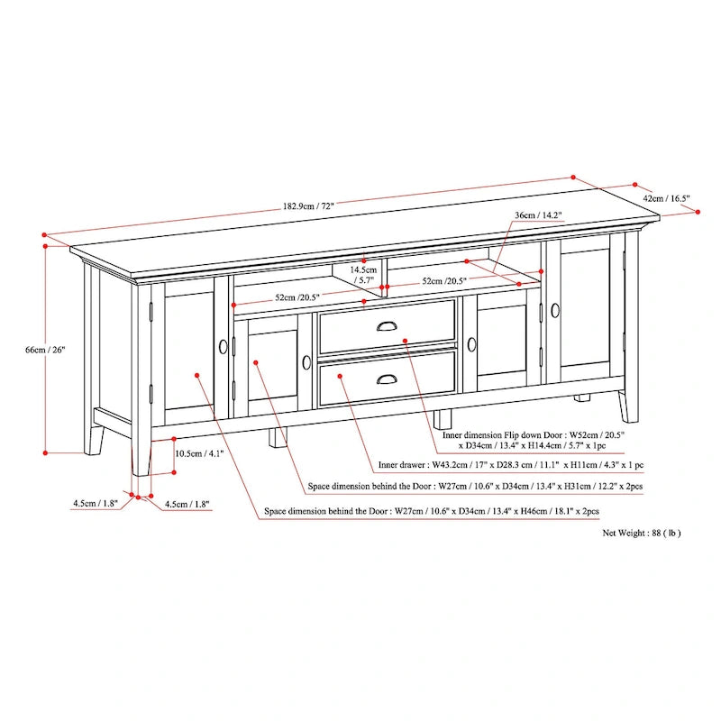 Meuble TV-média de transition WYNDENHALL Mansfield en BOIS MASSIF de 72 pouces de large pour téléviseurs jusqu'à 80 pouces - 72 L x 16,5 P x 26 H