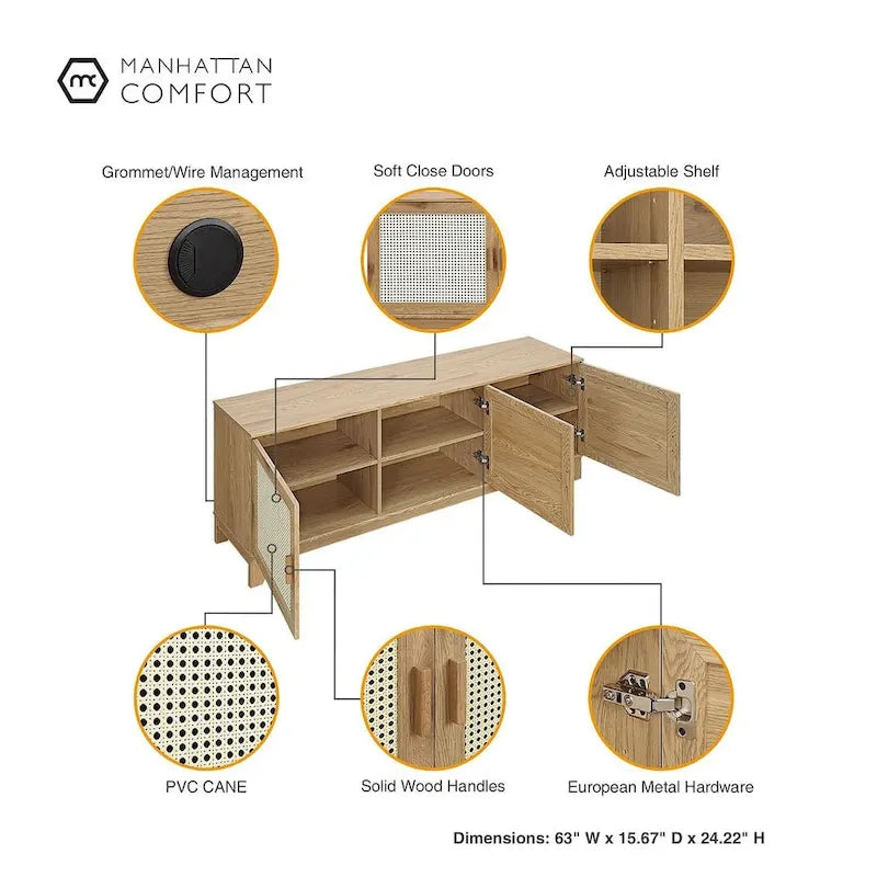 Meuble console de télévision moderne Manhattan Comfort Sheridan 62.99 po en rotin