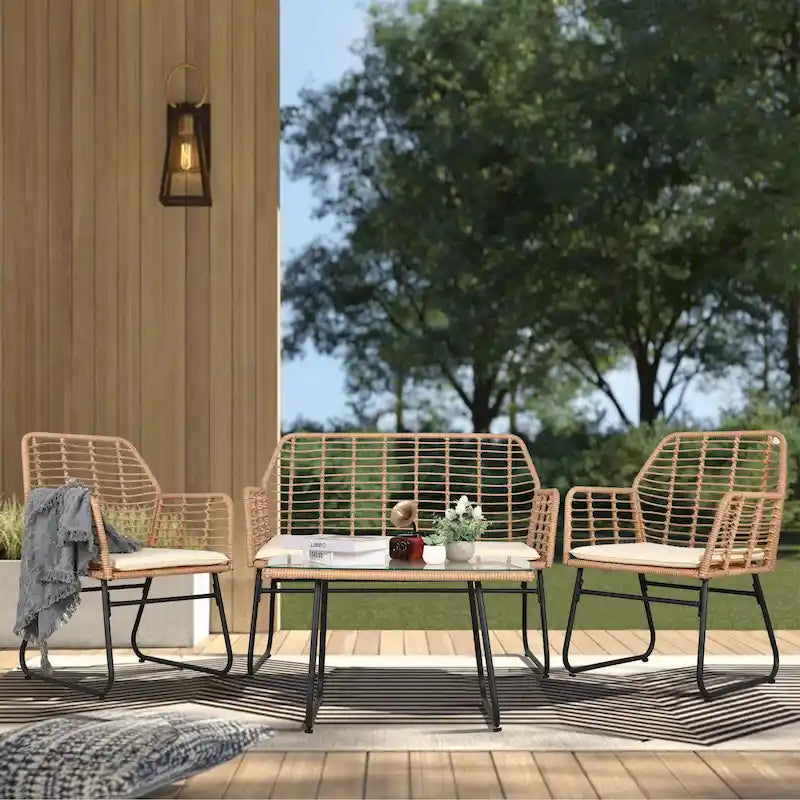 Ensemble de conversation en osier et rotin 4 pièces pour patio extérieur Vrakae