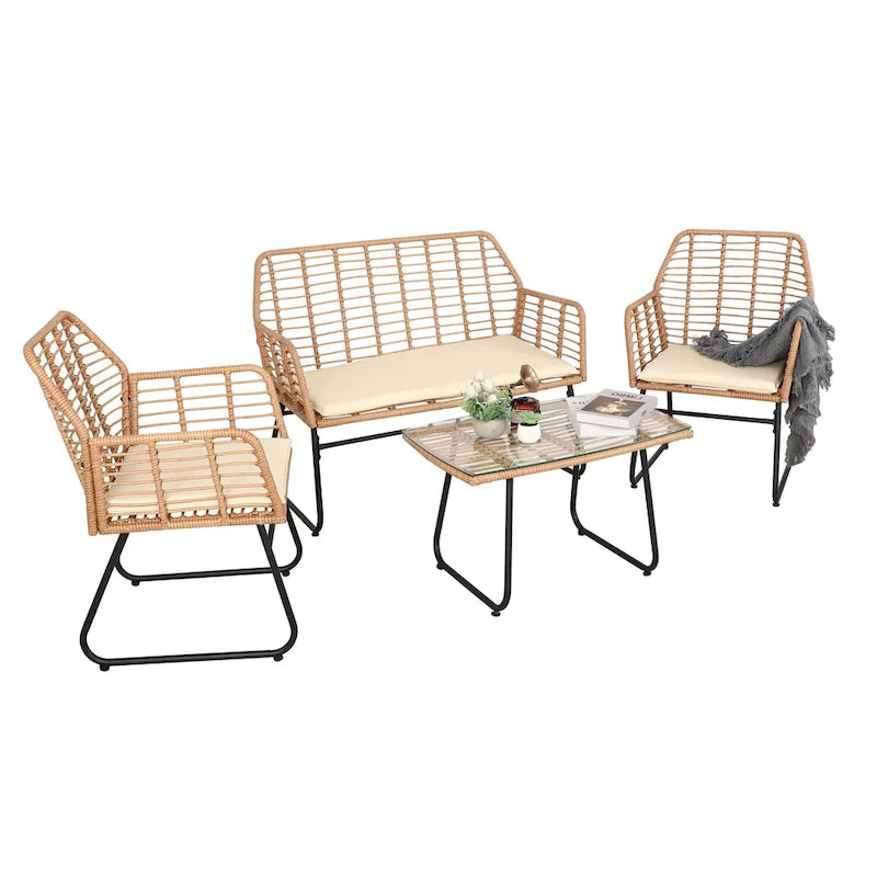 Ensemble de conversation en osier et rotin 4 pièces pour patio extérieur Vrakae