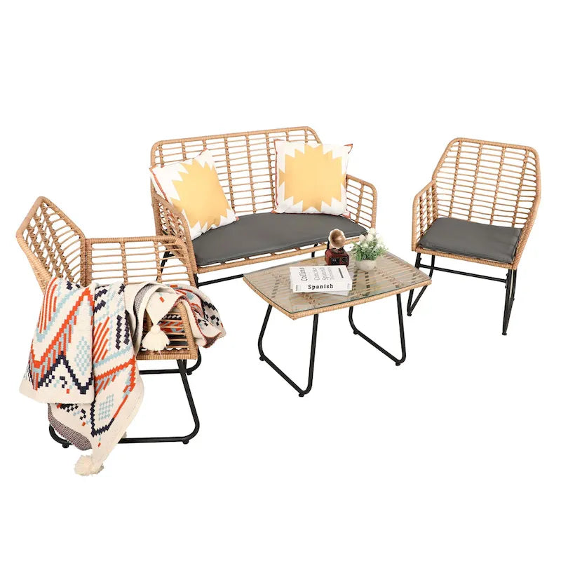 Ensemble de conversation en osier et rotin 4 pièces pour patio extérieur Vrakae