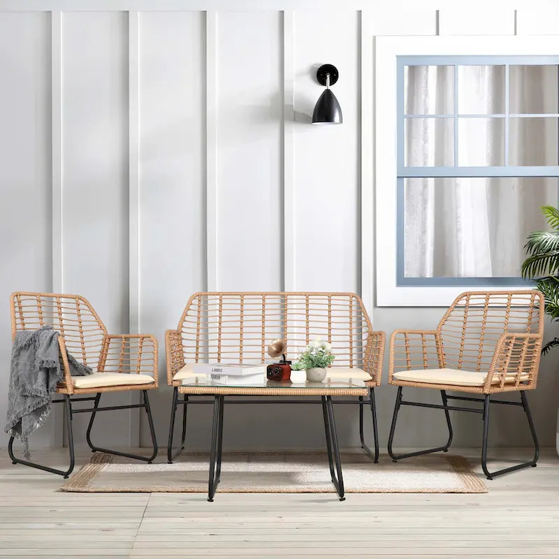 Ensemble de conversation en osier et rotin 4 pièces pour patio extérieur Vrakae