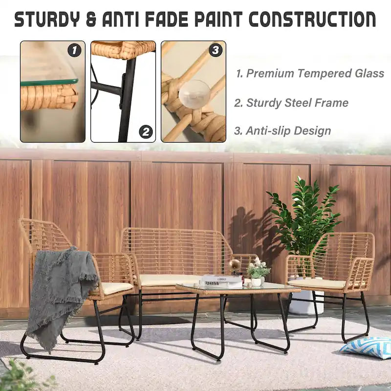 Ensemble de conversation en osier et rotin 4 pièces pour patio extérieur Vrakae