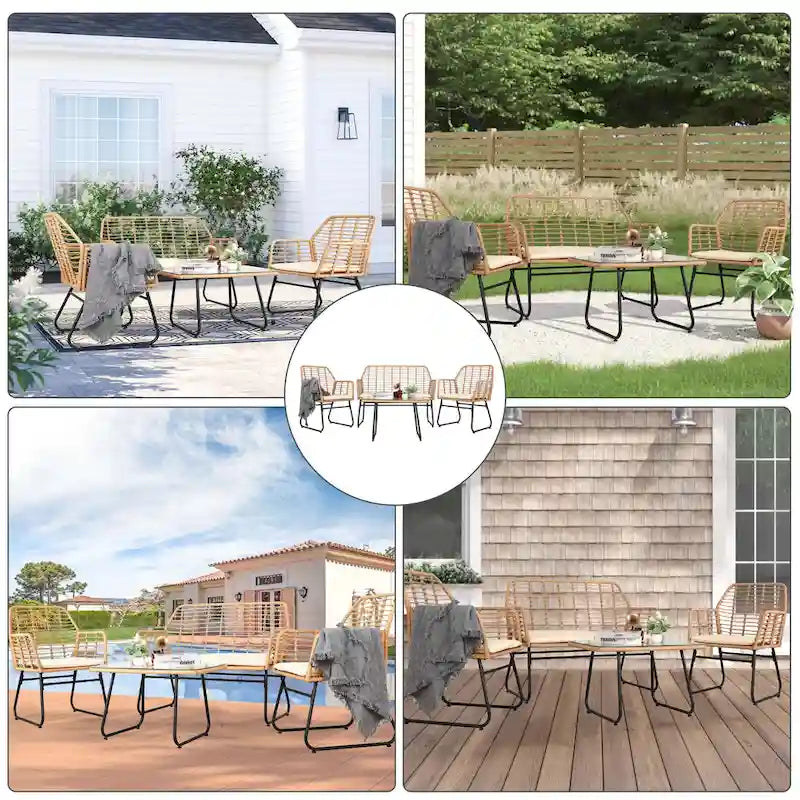 Ensemble de conversation en osier et rotin 4 pièces pour patio extérieur Vrakae
