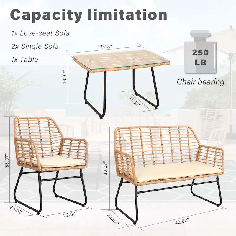 Ensemble de conversation en osier et rotin 4 pièces pour patio extérieur Vrakae