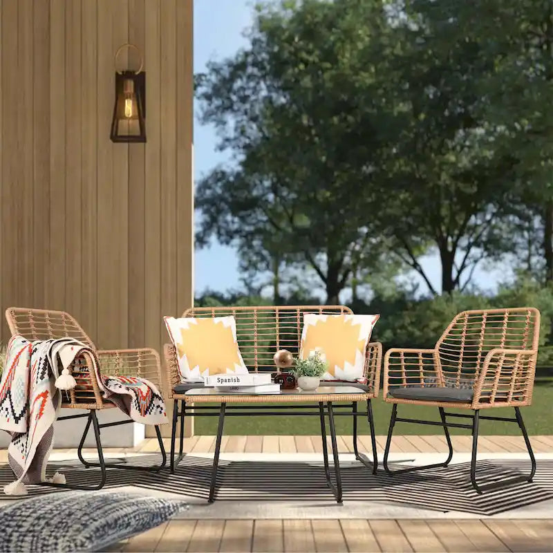 Ensemble de conversation en osier et rotin 4 pièces pour patio extérieur Vrakae