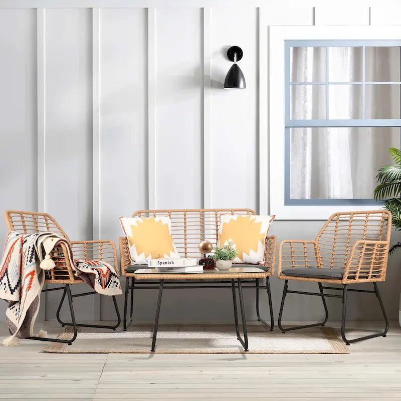 Ensemble de conversation en osier et rotin 4 pièces pour patio extérieur Vrakae