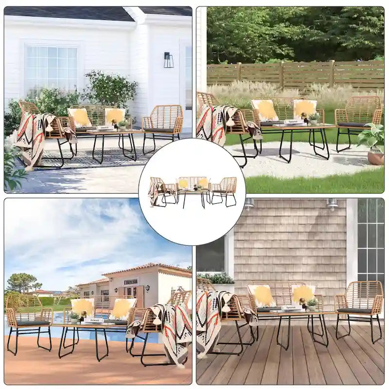 Ensemble de conversation en osier et rotin 4 pièces pour patio extérieur Vrakae