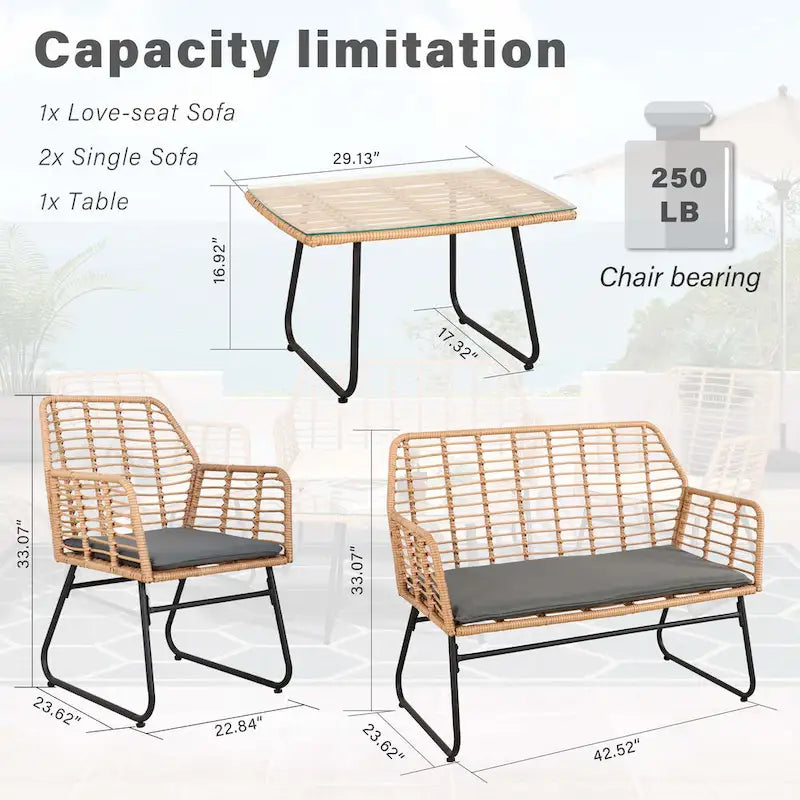Ensemble de conversation en osier et rotin 4 pièces pour patio extérieur Vrakae