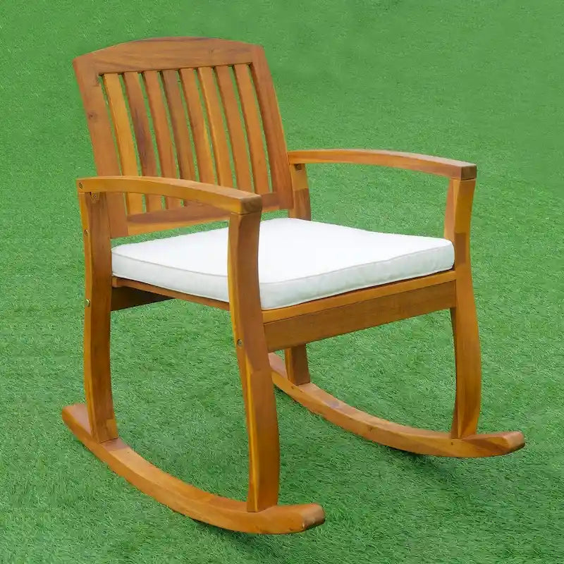 Outsunny Outdoor Patio Acacia Wood Rocking Chair with Cushioned Seat - White 1 PC