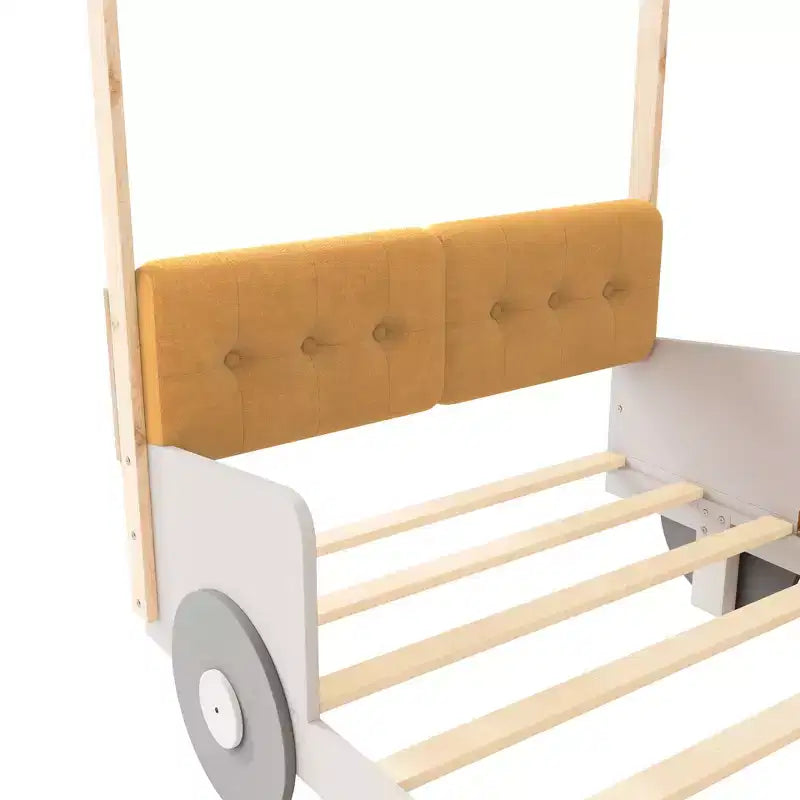 Whisen Wood Car Bed with Pillow, Ceiling Cloth and LED - Natural