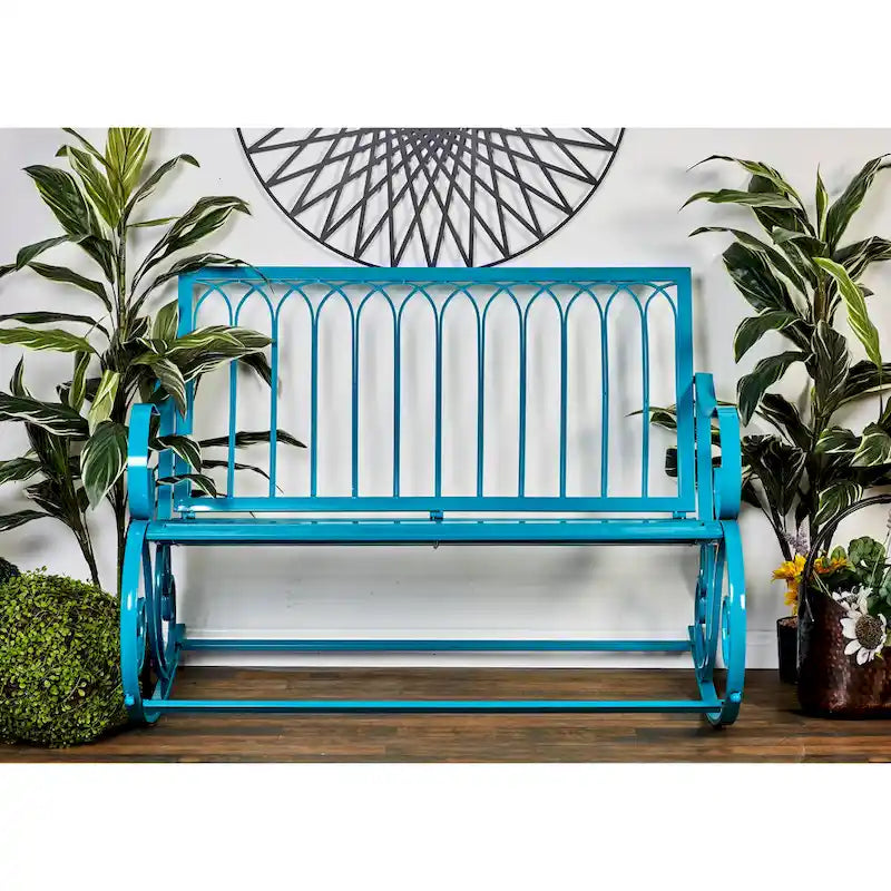 Metal Scroll Rocking Outdoor Bench - Teal - Roche River Decor - 37W x 49L x 37H