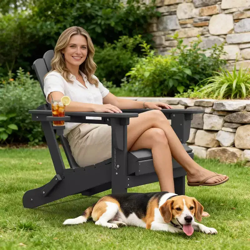 HYLEORY Plastic/Resin Folding Adjustable Back Adirondack Chair with Cup Holder