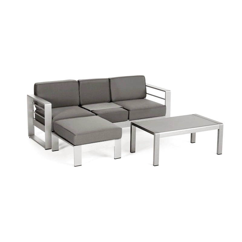 Cape Coral Outdoor 3-Seater Aluminum Sofa Set with Coffee Table and Ottman by Christopher Knight Home