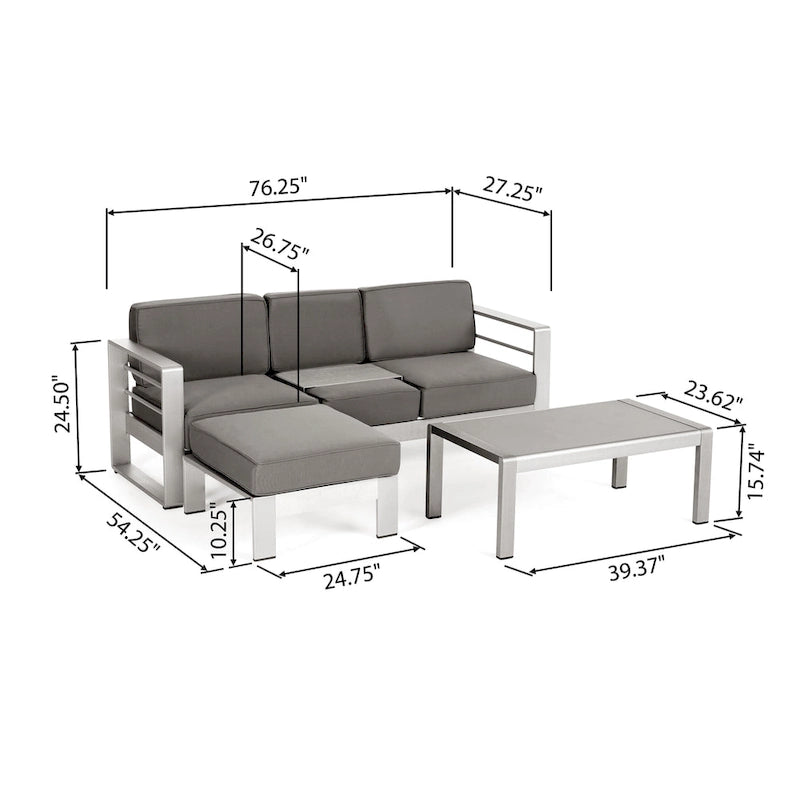 Canapé d'extérieur 3 places en aluminium Cape Coral avec table basse et pouf, par Christopher Knight Home