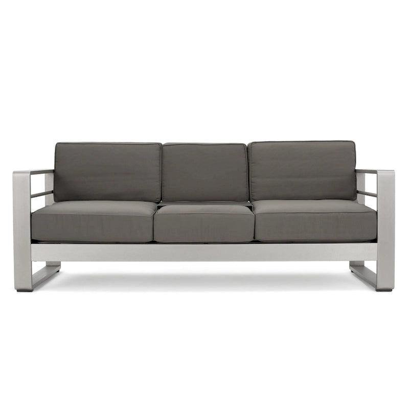 Canapé d'extérieur 3 places en aluminium Cape Coral avec table basse et pouf, par Christopher Knight Home