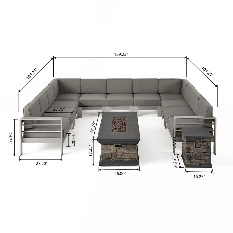 Cape Coral Outdoor 11 Seater Aluminum U-Shaped Sofa Sectional and Fire Pit Set by Christopher Knight Home