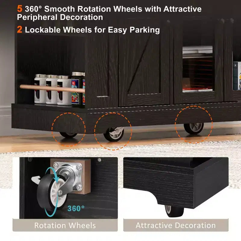 Kitchen Cart with Tempered Glass Doors, Side Racks, Power Outlet, and Drop Leaf