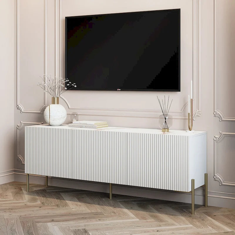 Meuble TV Living Skog Selline Beige, supporte les téléviseurs jusqu'à 65 pouces, avec pieds en métal de style Art déco