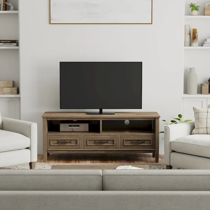 Meuble TV/multimédia contemporain WYNDENHALL Rowan en BOIS MASSIF, largeur 50 po, brun fumé, pour téléviseurs jusqu'à 55 po - 16p x 50l x 20h