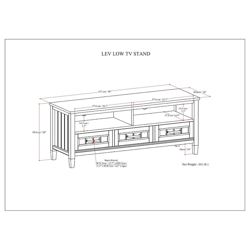 Meuble TV/multimédia contemporain WYNDENHALL Rowan en BOIS MASSIF, largeur 50 po, brun fumé, pour téléviseurs jusqu'à 55 po - 16p x 50l x 20h