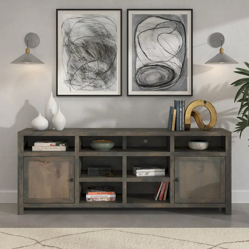 Meuble TV Bridgevine Home Joshua Creek de 213 cm pour téléviseurs jusqu'à 241 cm, aucun assemblage requis, finition bois de grange