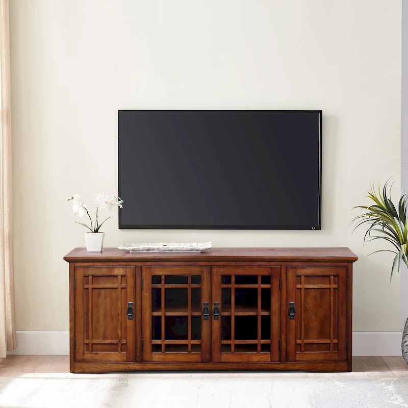 Meuble TV Leick Home en bois massif, chêne Mission, quatre portes