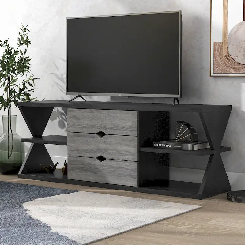Meuble TV Ayala moderne noir et gris vieilli de 60 pouces avec 4 étagères et 3 tiroirs