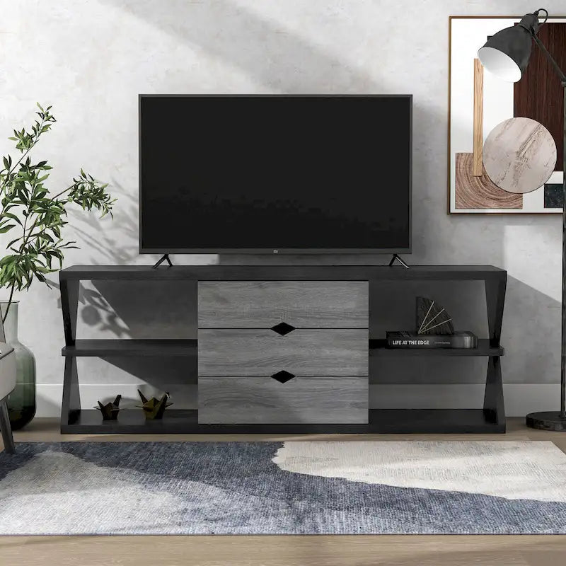 Meuble TV Ayala moderne noir et gris vieilli de 60 pouces avec 4 étagères et 3 tiroirs
